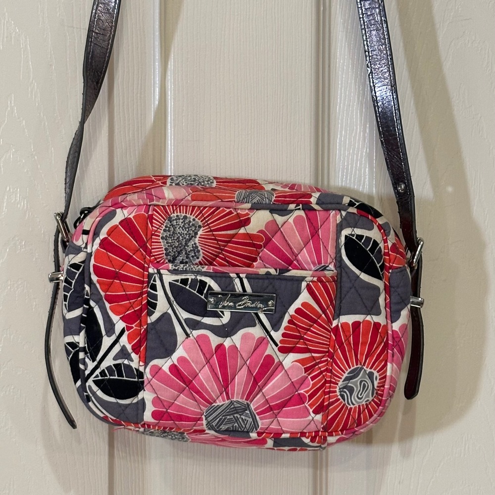 Vera Bradley Quilted Floral Crossbody Bag Pink Red Grey Adjustable Strap
